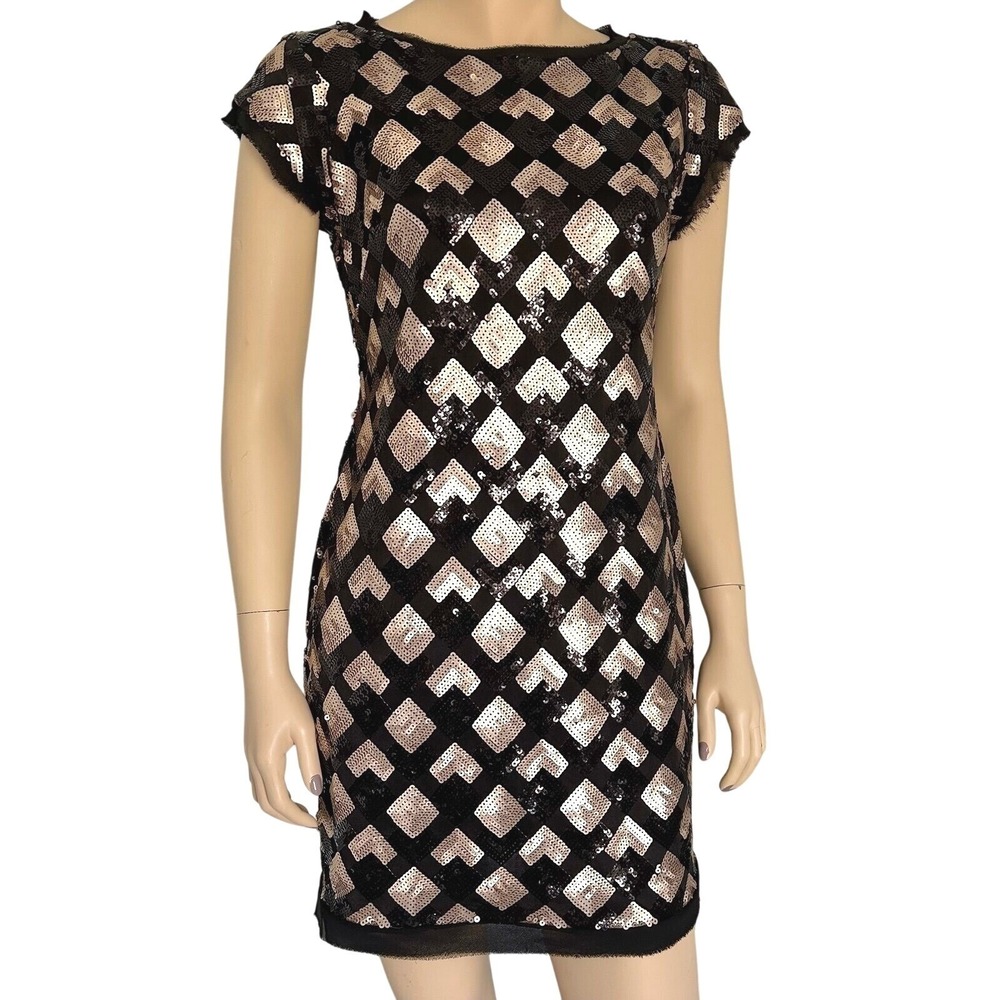 Eliza J Black Gold Sequined Geometric Cap Sleeve Cocktail Mini Dress 6‎